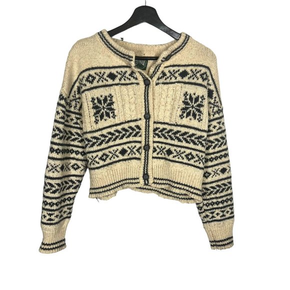 American Eagle Outfitters Sweaters - American Eagle Tan Blue Nordic Pattern Short Waist Button Up Cardigan Medium